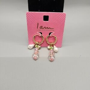 i am Dangle Drop Hoop Earrings 2" Gold Tone Faux Pearl Pink Heart Crystal